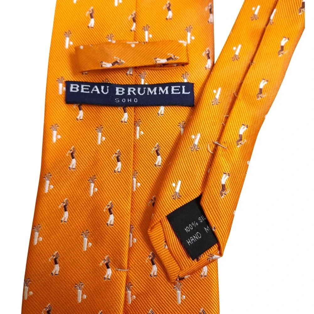 Beau Brummell SOHO 100% Silk Mens Tie Orange Golf Player Pattern Tailored